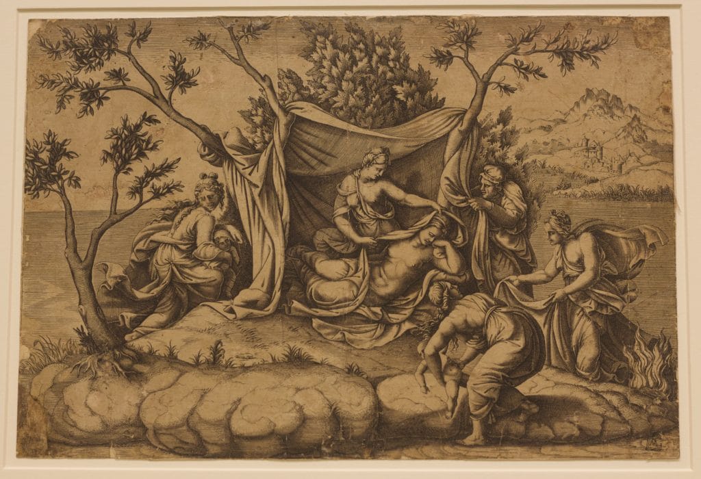 An engraving: Twin deities are born on a tiny island
