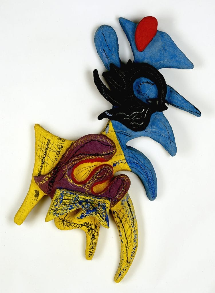 A colorful molded-paper sculpture