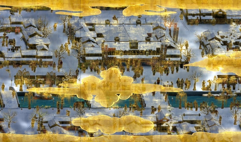 ALT TEXT: A digitally generated image that resembles a traditional Japanese folding screen. The scene is a bustling city with buildings, people, a river, bridges, and gold clouds.