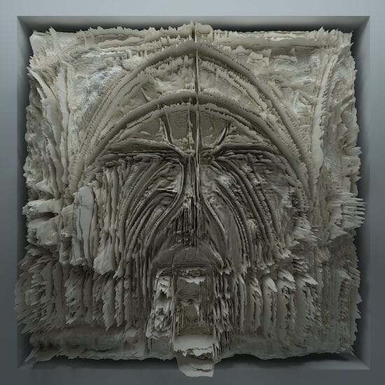 A digitally generated image of many raised white shards that resemble a pointed arch or the facade of a Gothic cathedral.