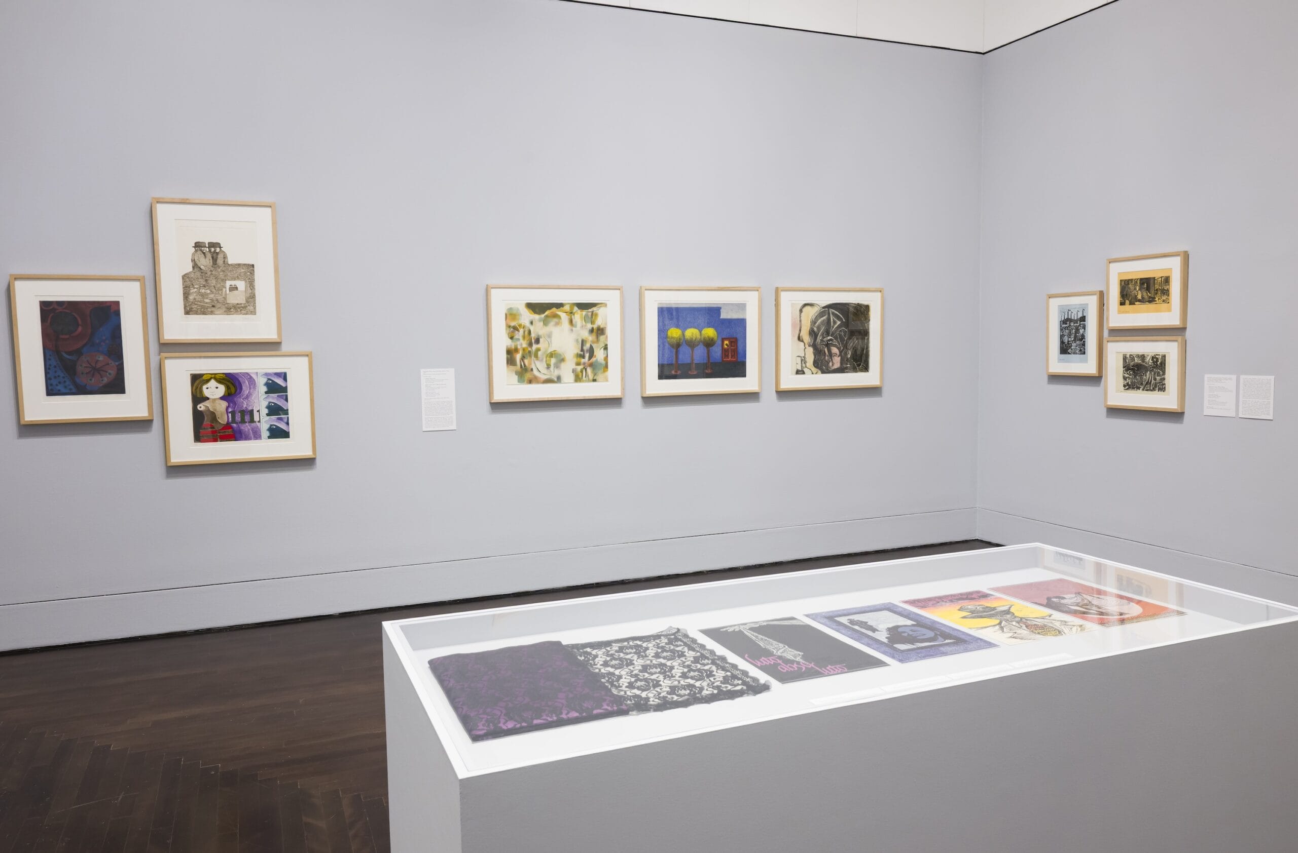 An installation view of paper works in a gallery. Some are framed and hung on the wall and others are displayed in a case
