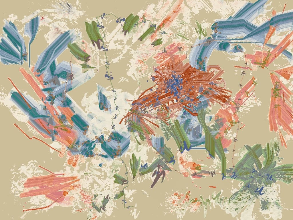 An abstract digitally generated image with a tan background and many cream, blue, pink, green, and orange markings.