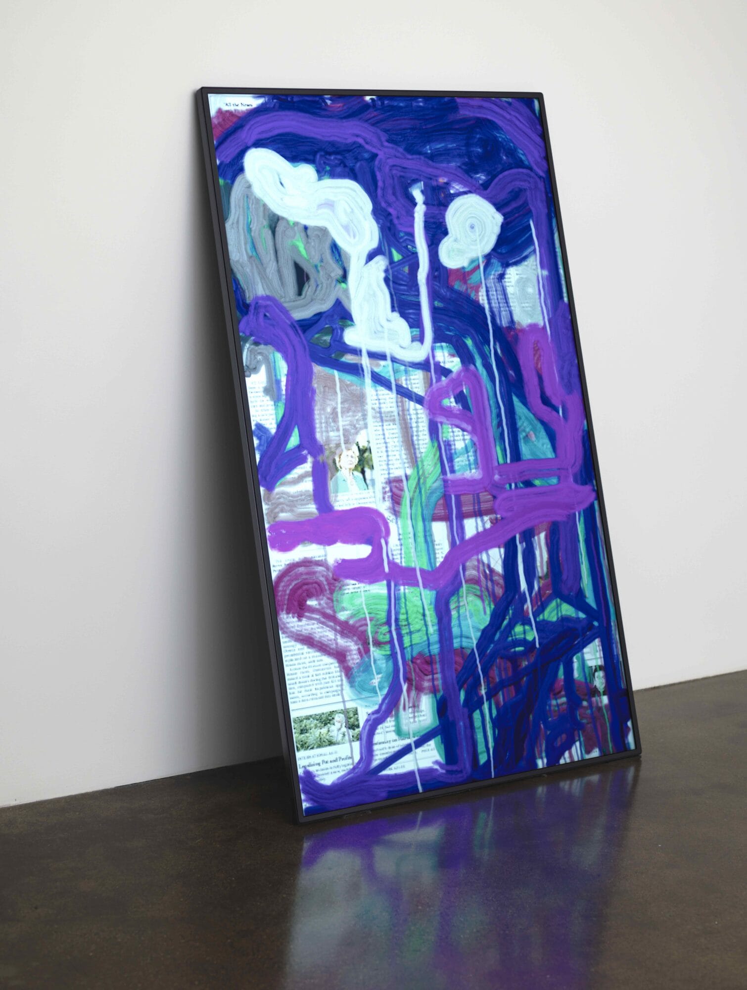 A monitor with an image of the front page of the New York Times covered with digitally generated purple, turquoise, white, and gray brush strokes.