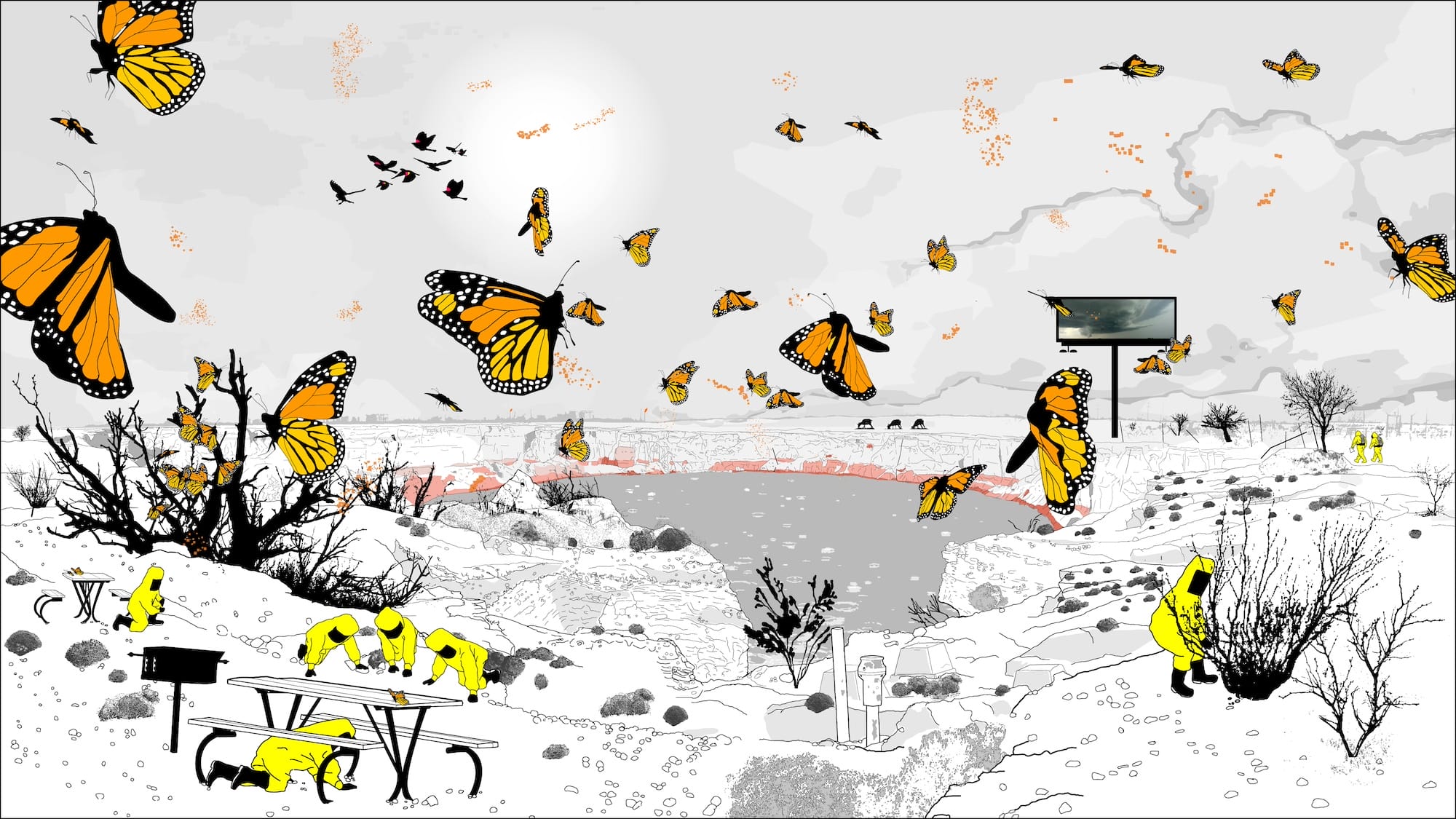An animated illustration of a polluted landscape with a pond, shrubs and trees, picnic tables, people wearing hazmat suits, and many monarch butterflies.