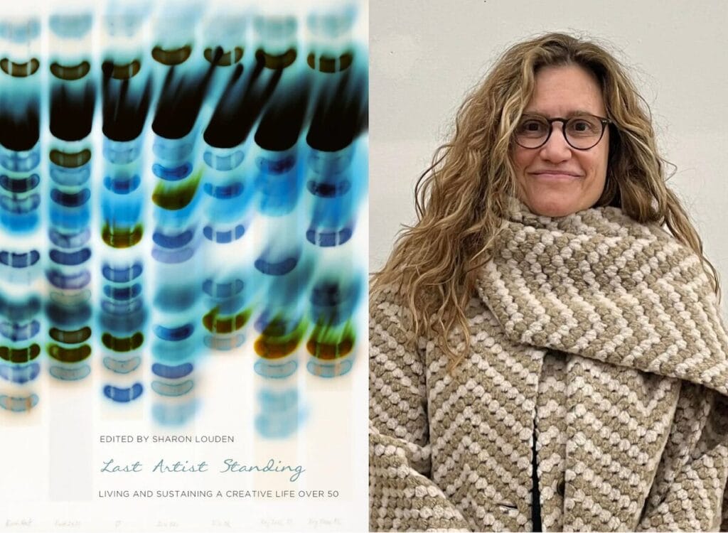 Headshot of artist and author Sharon Louden paired with her book cover for 