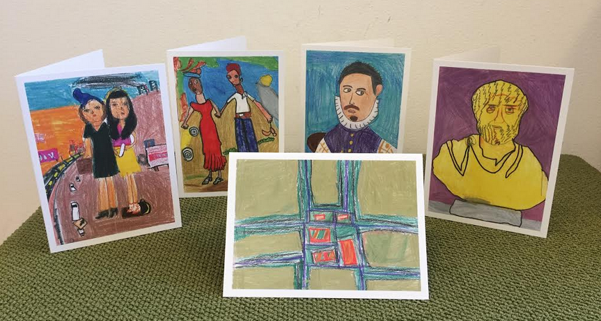 Colored drawings of Blanton collection printed on gift cards. Top (left to right): Oil Field Girls, Romance, 16th cent. Portrait of a Gentleman, Portrait Bust of a Bearded Man.