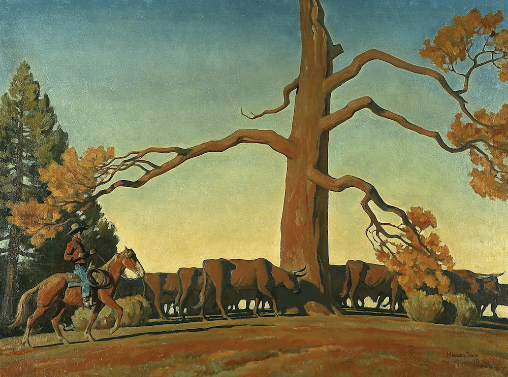 Landscape oil painting of a cowboy herding cattle past large tree.