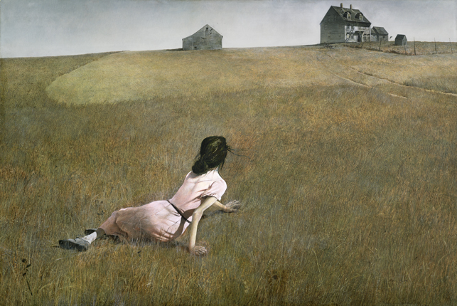 a girl in a white dress laying on a grassy field reaching to a house in the distance