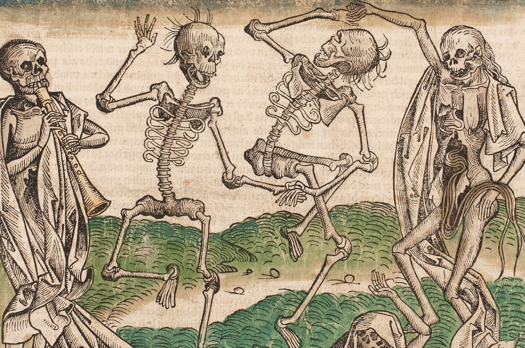 the image depicts five skeletons two in the middle dancing while one on the furthest left corner plays a clarinet type of instrument and the one on the furthest right corner holds the hand for a skeleton in the middle of a spin while using its other hand to pull out its own entrails. the fifth skeletons head is all that is visible its in the middle bottom of the image
