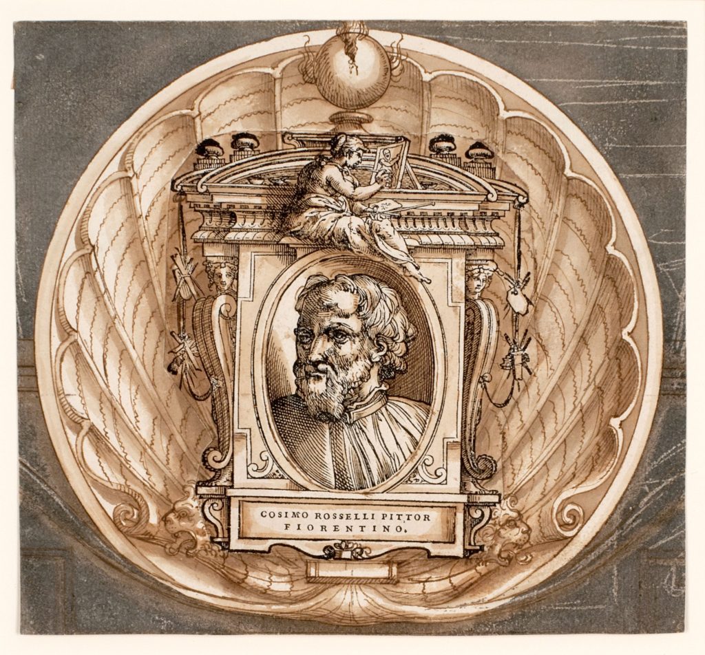Print by Giorgio Vasari titled "Decorative Border with the Portrait of Cosimo Rosselli"