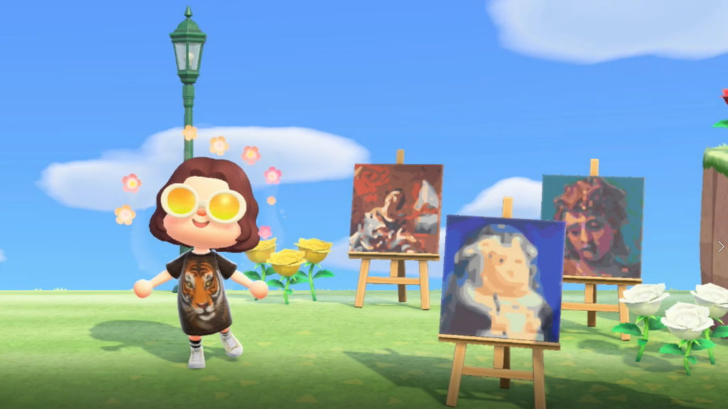 Screenshot from the Nintendo video game Animal Crossing New Horizons. A character shows off three pieces of art on display outside in the virtual game world. The pieces of art are virtual recreations of real life paintings. The paintings are; Simon Vouet's St. Cecilia, Fernando Botero's Santa Rosa de Lima según Vásquez and Paolo Veronese, Head of Saint Michael.