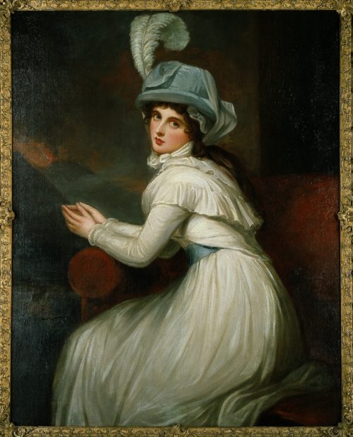 Oil painting of a seated woman in 18th-century dress and feathered hat. The woman's hands are pressed loosely in a prayer position on the armrest of her seat. A volcano pluming with smoke is in the background.