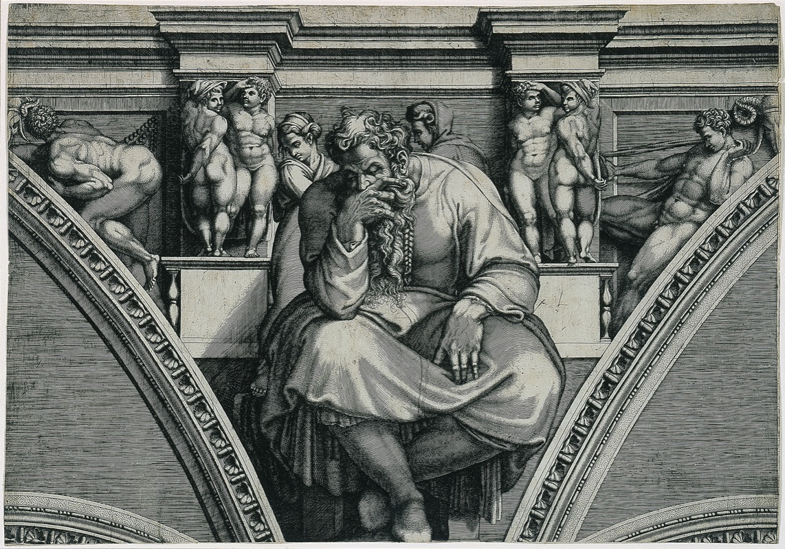 Detail engraving of the prophet Jeremiah, sitting down with his chin in his right hand. There are nude people in the background behind him on arches and supporting pillars.