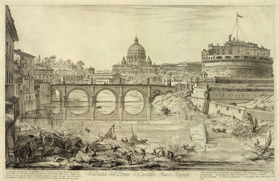 View of the Bridge and Castel Sant' Angelo (the Mausoleum of Hadrian), the foreground with boats on the Tiber and the dome of St Peter's Basilica in the background Etching