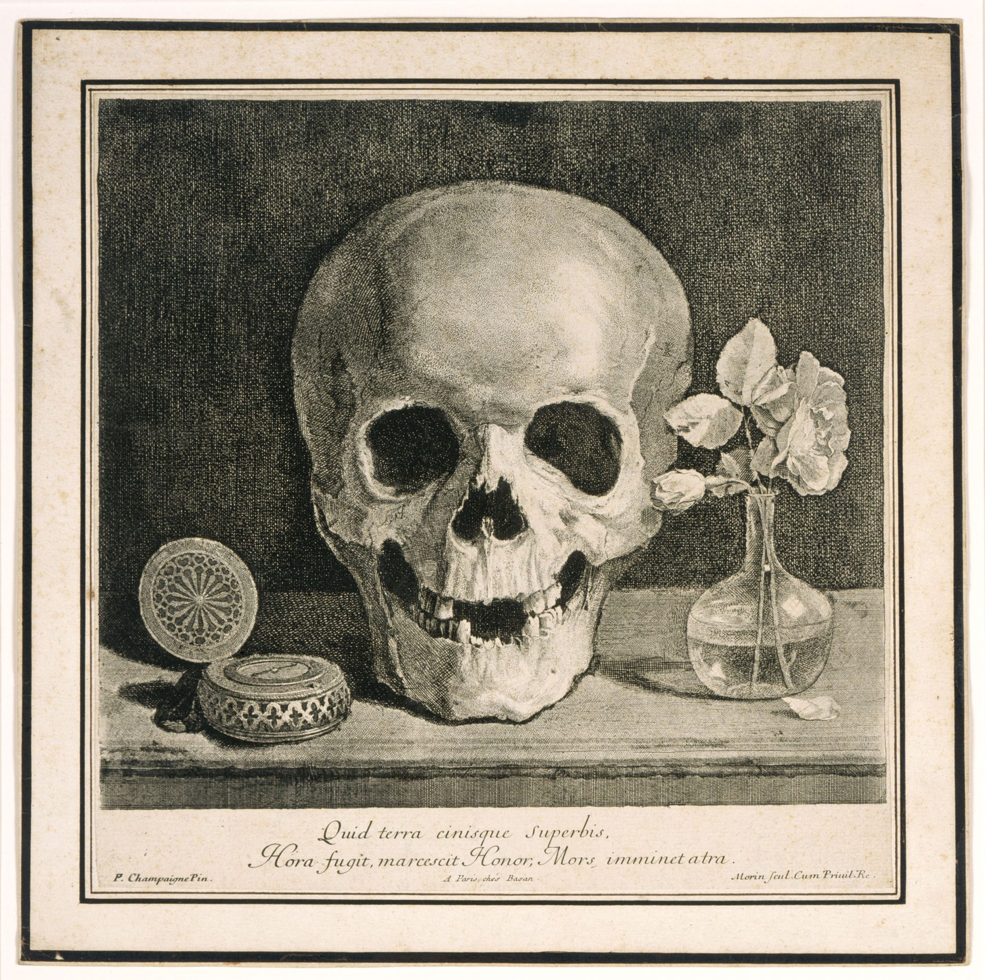 An etching of a human skull that appears to be smiling slightly. It rests on a table flanked on the left side by an open pocket watch, and on the right side by a flower vase with water and two small flowers inside of it.
