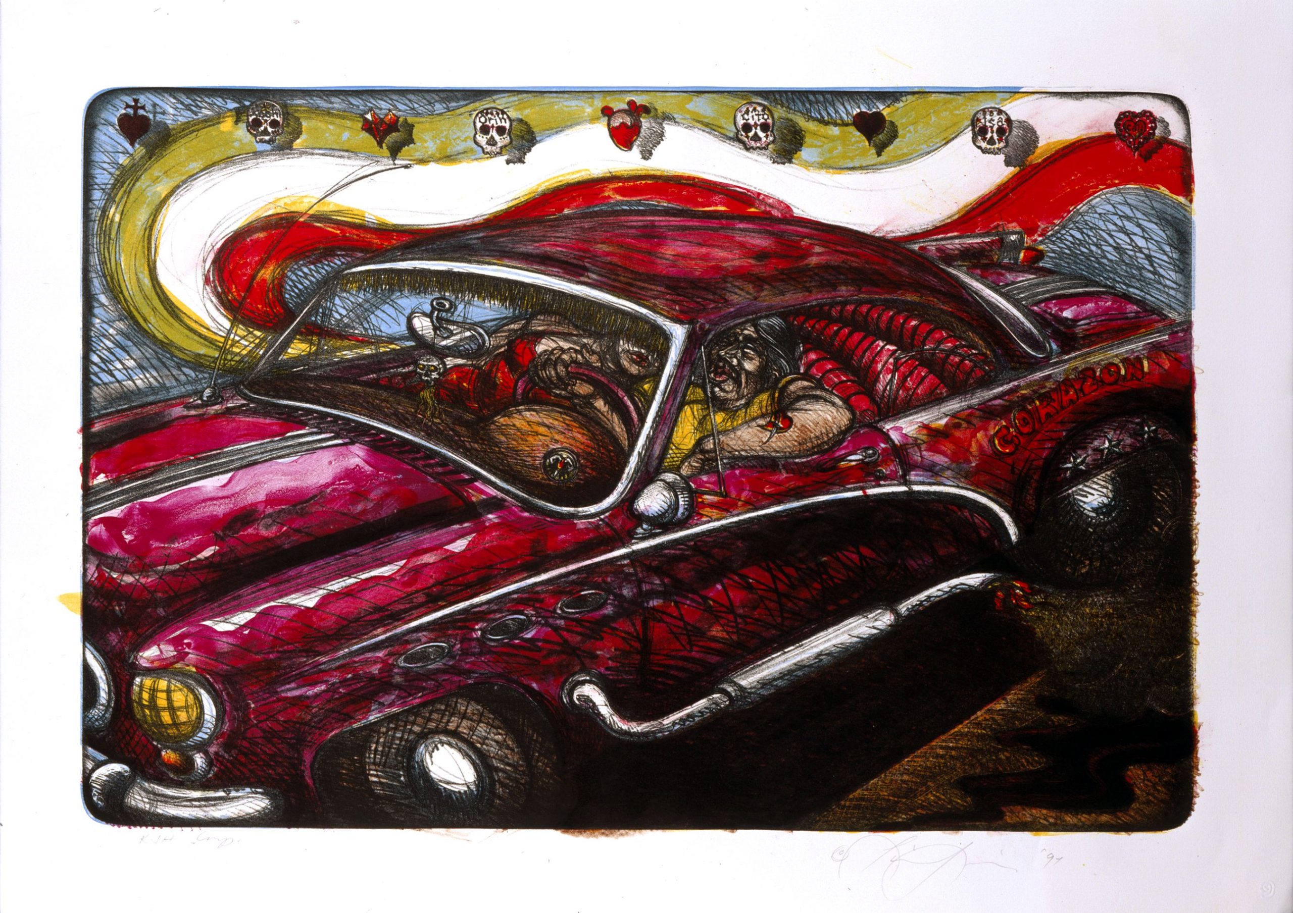 Lithograph by artist Luis Jiménez featuring a red low rider and two passengers