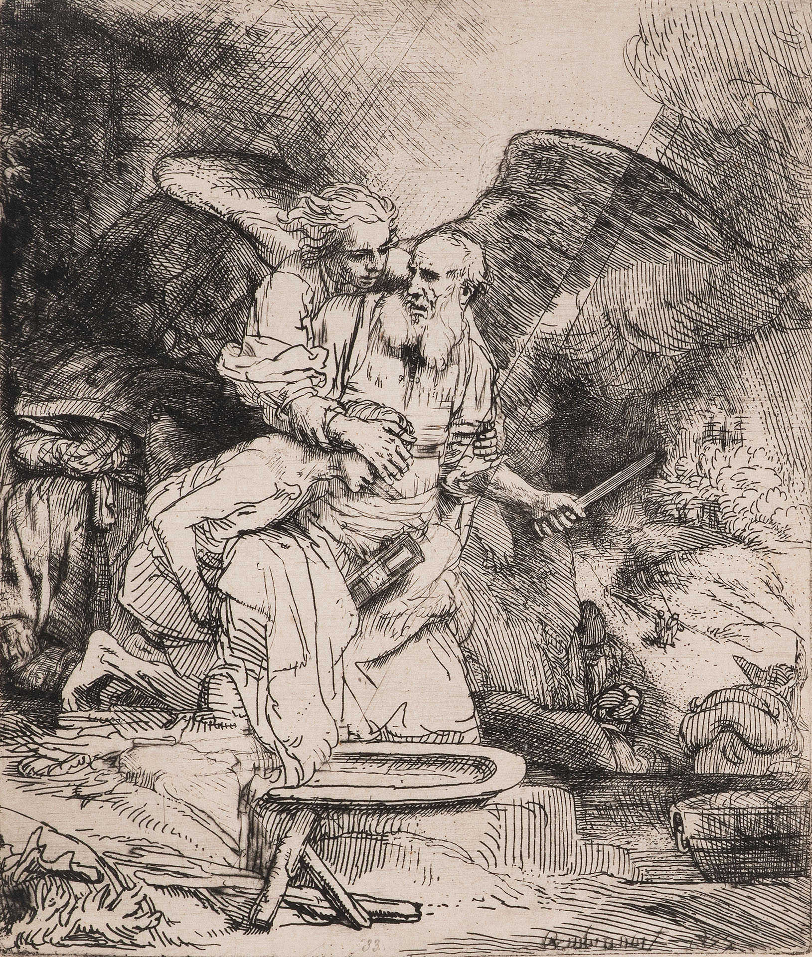 Etching of an angel blocking the hand of a bearded man who is about to sacrifice his son using a knife.