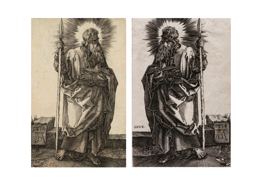 mirror image black and white etchings of st. thomas the apostle holding a staff with light emminating from his head. one is by durer and the other is a copy
