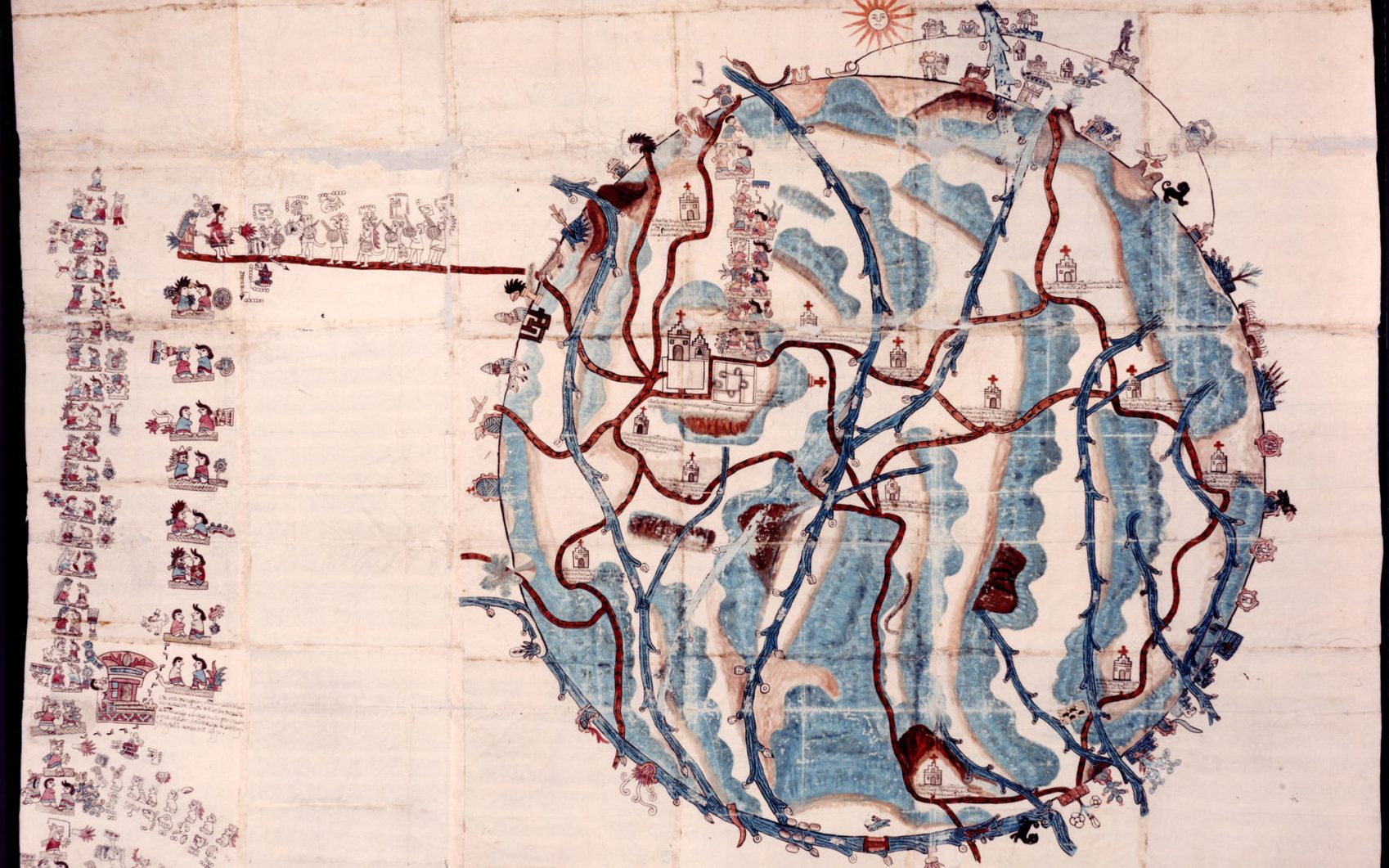 Watercolor map created in 1580. The map is organized into a circle with marked waterways, roads, and buildings. On the far left side a column of figures represent ten generations of local rulers including a series of footprints to indicate a marriage alliance with a neighboring town.