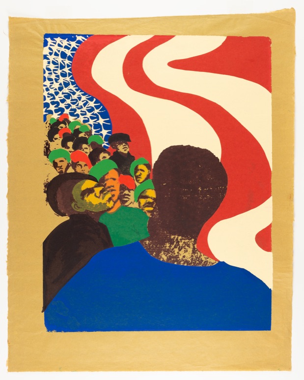The United States' flag swirls above a group of Black people.