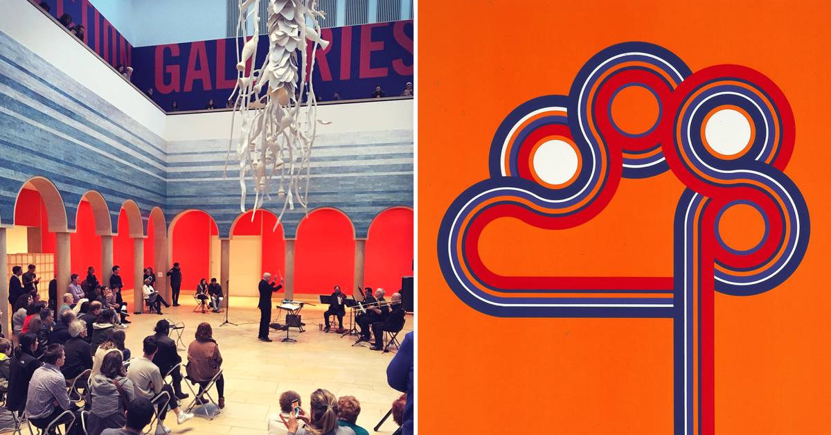 advertisment for Third Thursday at the Blanton featuring an orange colorful screen print by Kazuya Sakai, and a photograph of a musical performance in the atrium