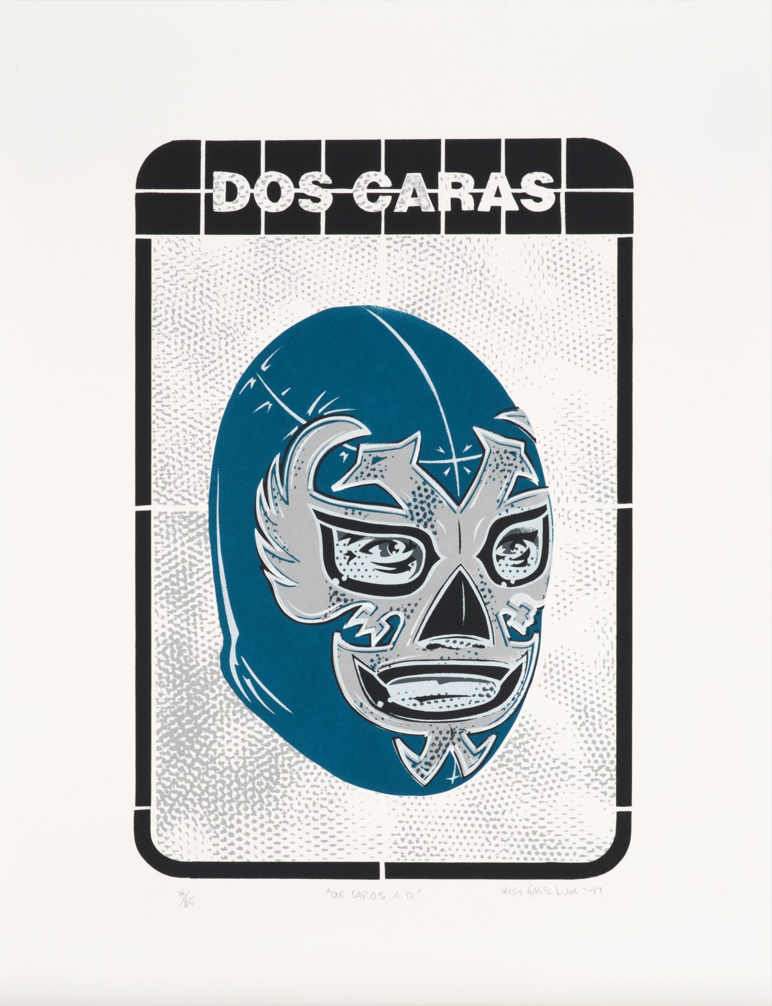 Screenprint featuring luchador Dos Caras wearing a blue and grey mask.