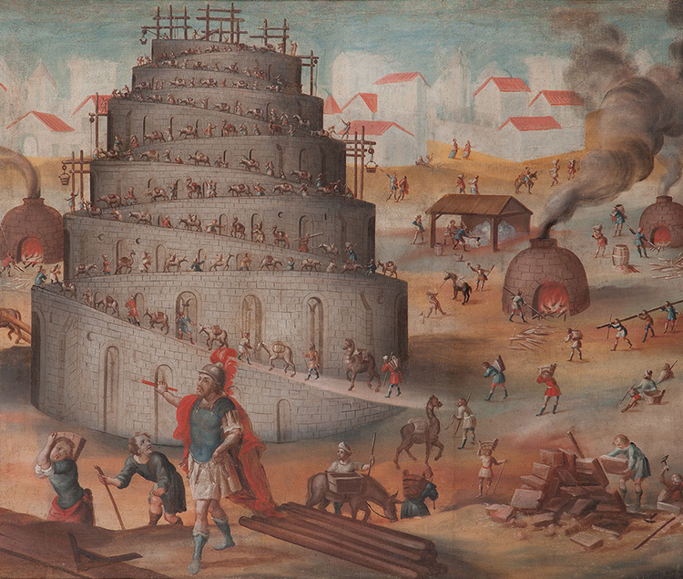 The towel of babel with several soldiers and workers surrounding it.