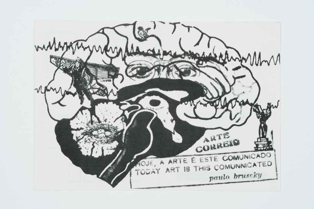 Print of a brain with other images interwoven with the brain like ECG waves, a nest with four eggs, a pair of glasses, a mailman with glider wings, and a statue or award