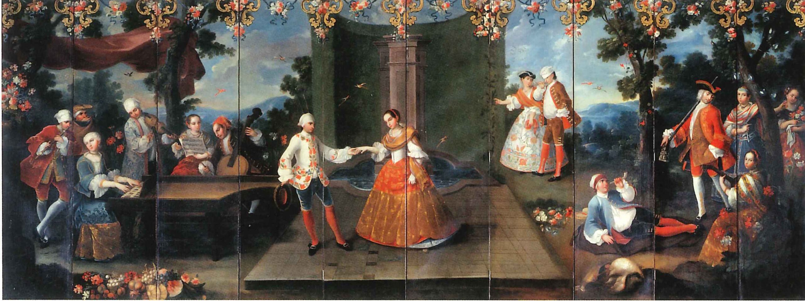 Painted on a screen: Well-to-do party-goers watch a dancing couple on a small stage