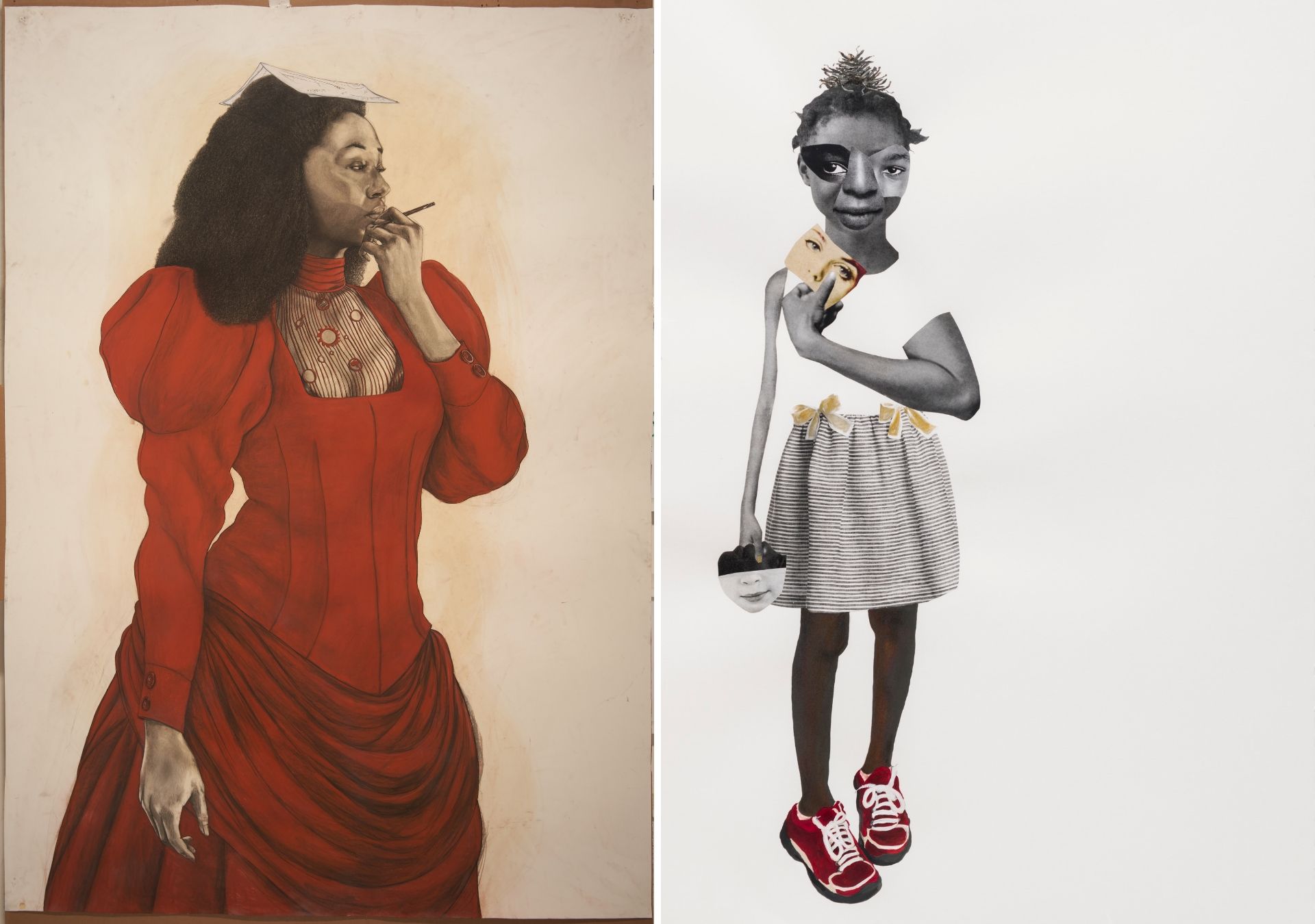 Two different artworks: A woman smoking a cigarette and wearing a red dress; and a collage of a young girl holding masks
