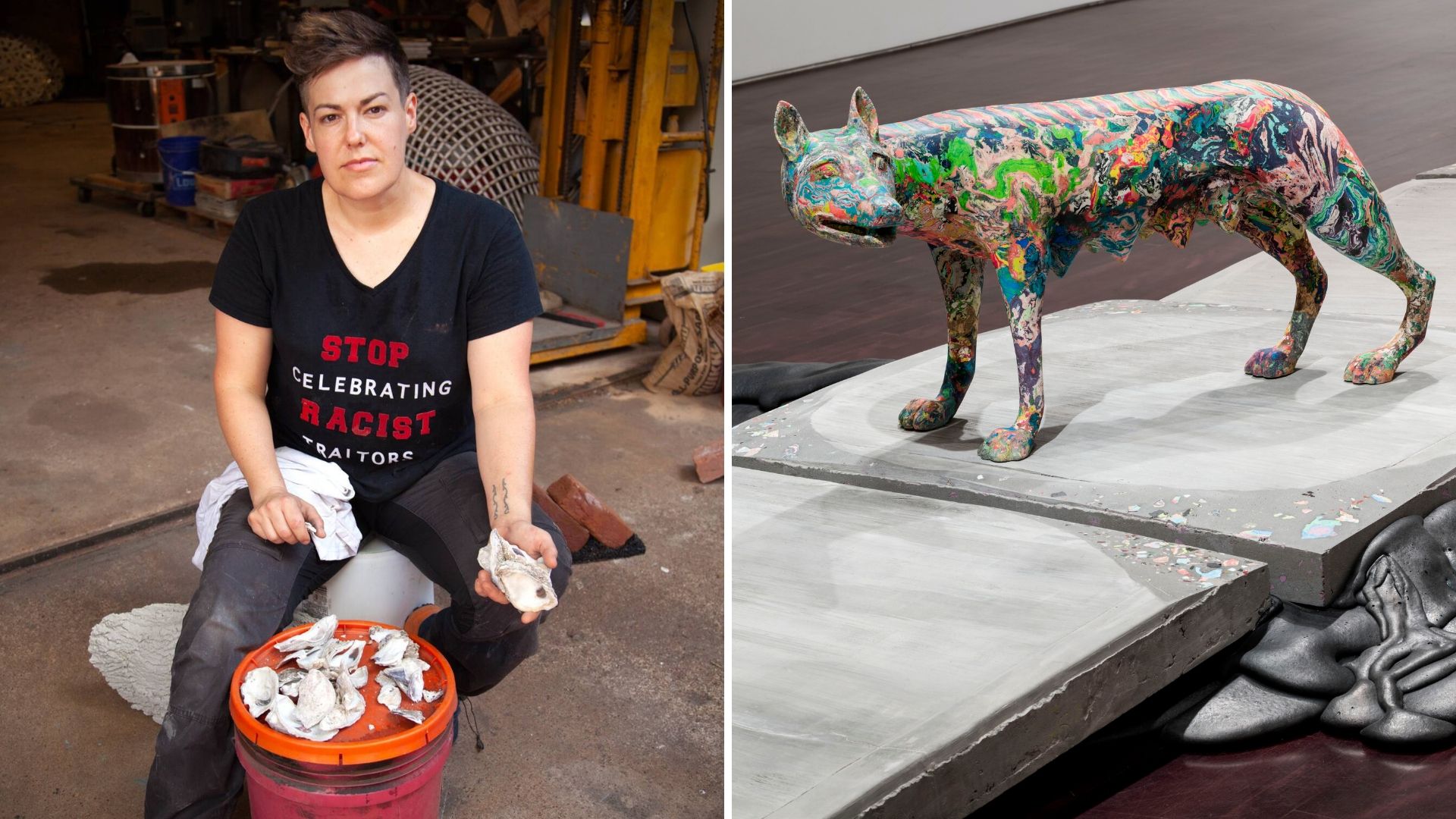 Photo of artist Lily Cox-Richard on left and on the right an image of the installation, She-Wolf.