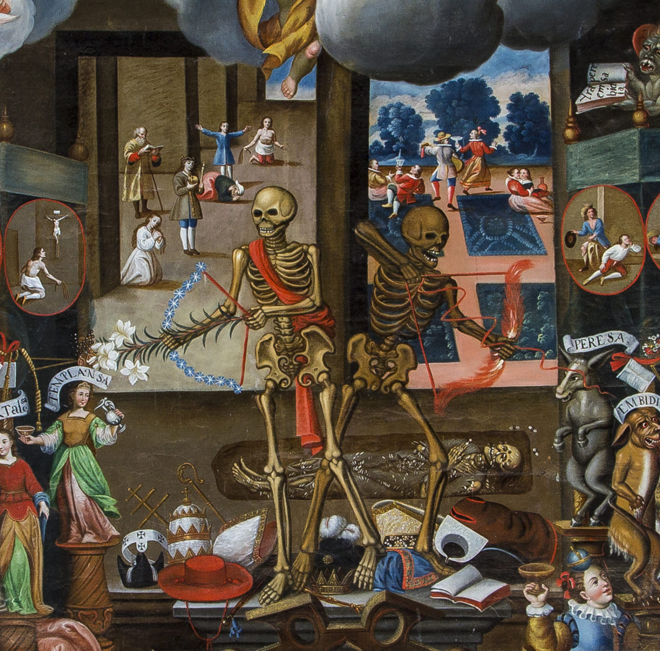 Image of a painting that features two large skeleton figures in the very center. Both skeletons are holding bows and arrows, one made of fire and lightning and the other made of flowers, which are pointed at smaller human and animal figures to the very right and left edges of the painting. There are two smaller scenes in the background depicting a party and the other showing people reading and praying