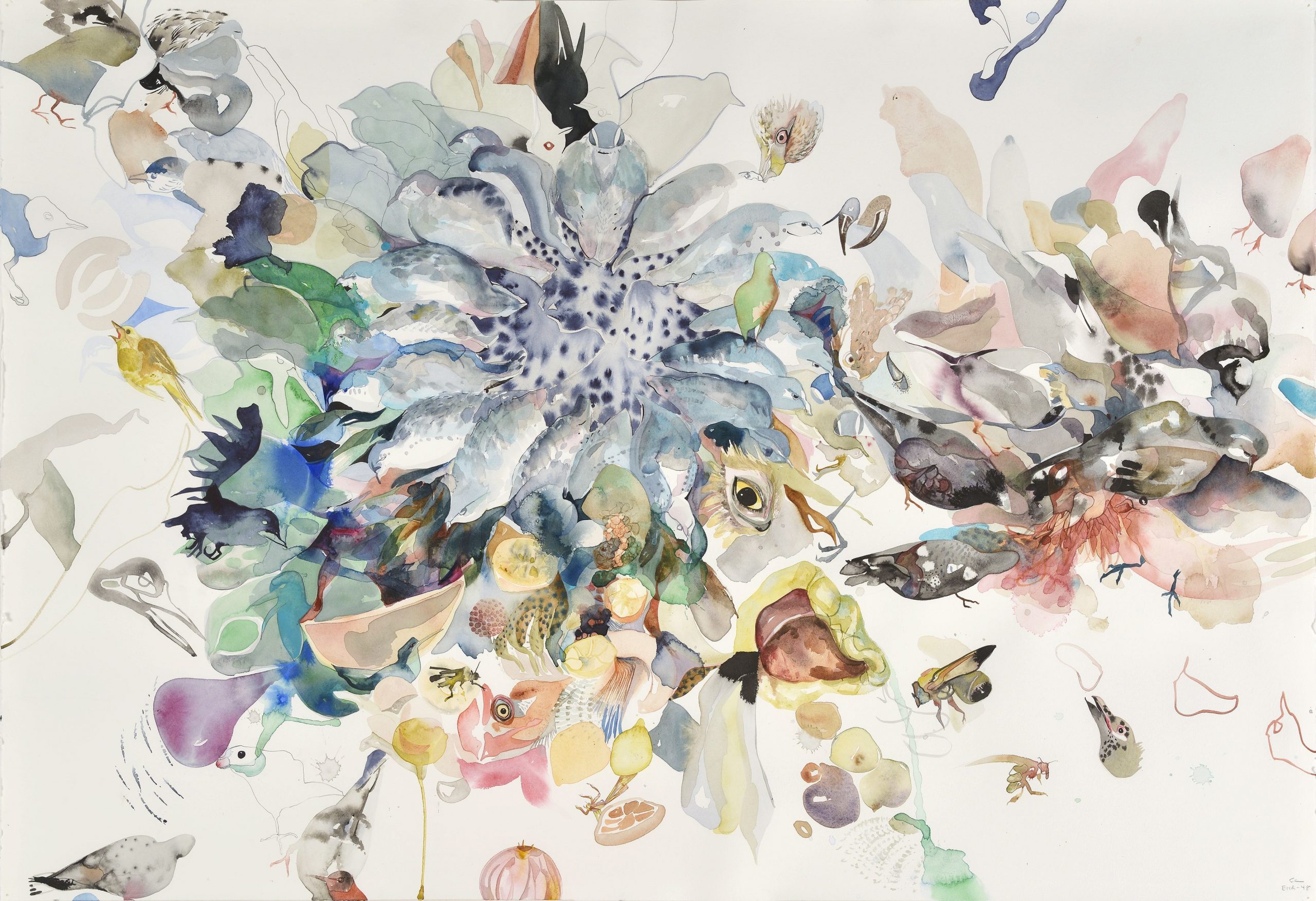 Untitled watercolor by Emilie Clark. Colorful strokes form birds, bees, eyes, flowers, and much more.
