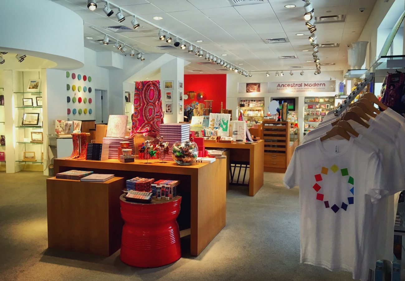 interior view of the museum shop featuring merchandise from the ancestral modern exhibition