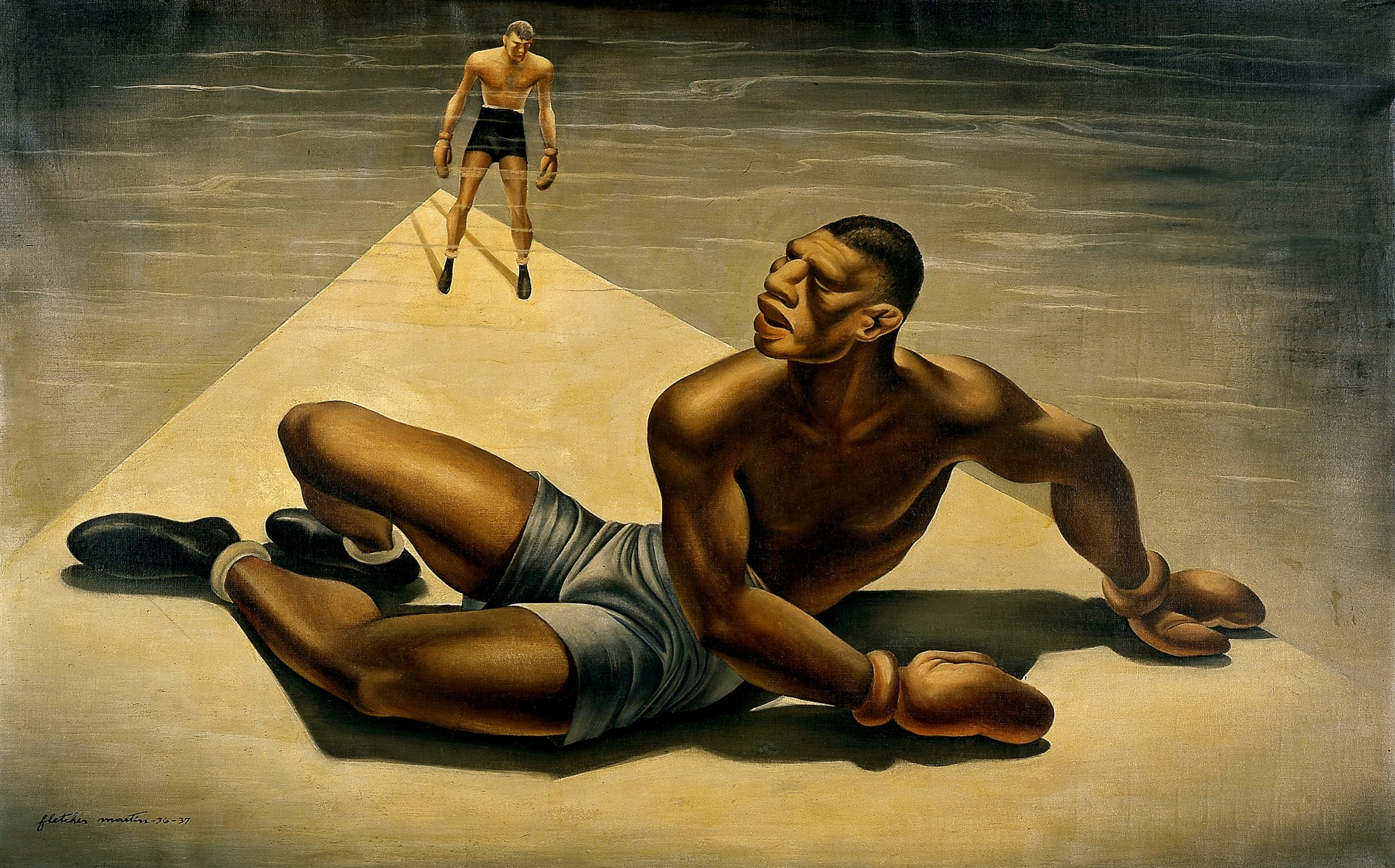 man with boxing gloves on the ground, behind him is another man standing
