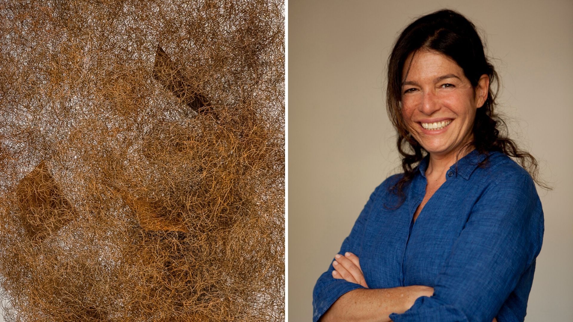 [left] image of tangle of brown fibers; [right] image portrait of woman with dark brown hair wearing blue
