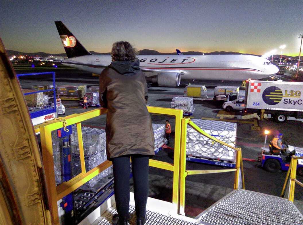 Photo of Lisa Dirks, Senior Registrar at the Blanton Museum of Art, looking across the runaway of an airport, overseeing a shipment of art items.
