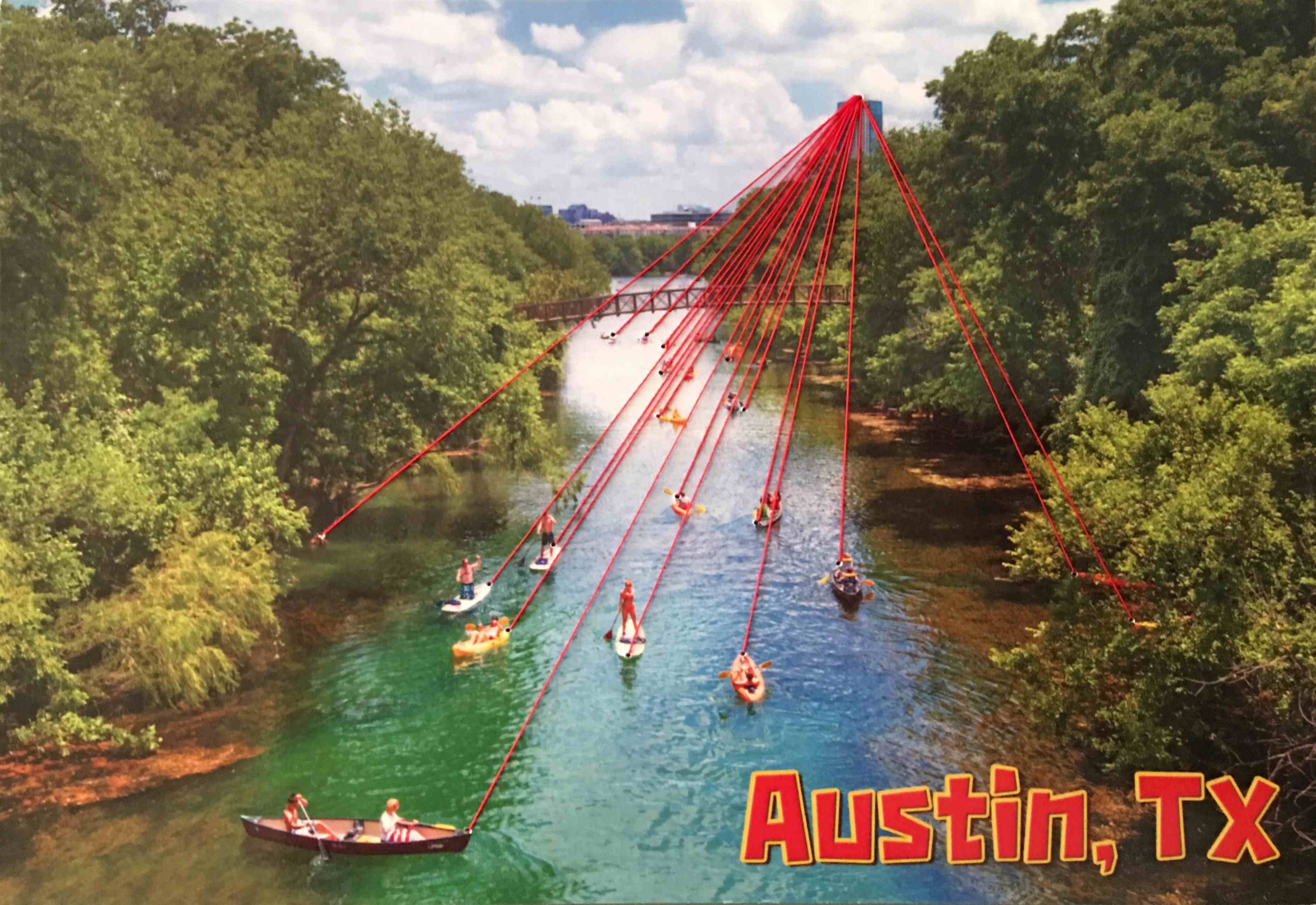 canoes on a river all connected by red lines in Austin TX