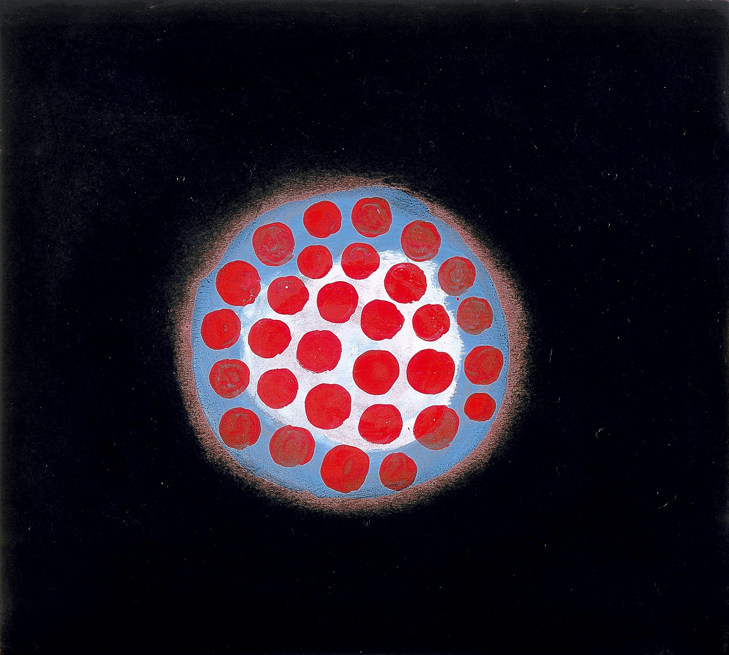 Image of work of art featuring a circle and red dots on a black background