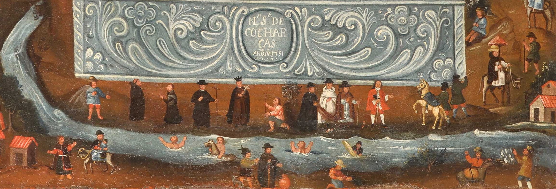 A detail of a colonial painting of people in a river, surrounded by clergy and slaves.