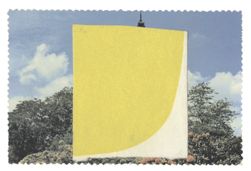 A postcard collage of a white-and-yellow sculpture