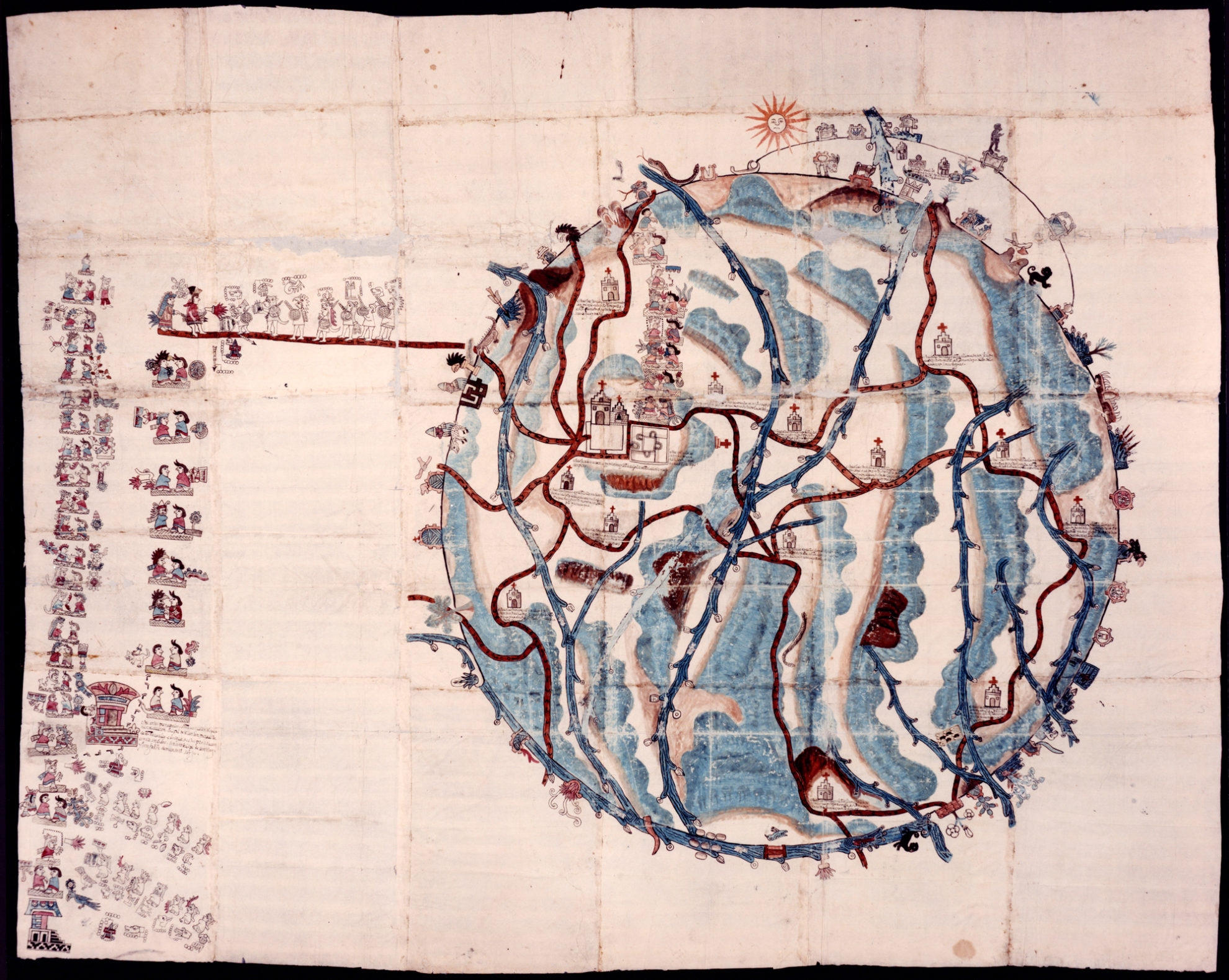 16th century map organized in a circular shape, with various architectural structures, water and road ways marked. On the left side, a column of figures represent ten generations of local rulers.