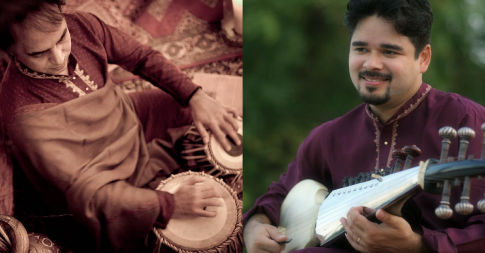 Arnab Chakrabarty and Pandit Sanju Sahai play traditional instruments