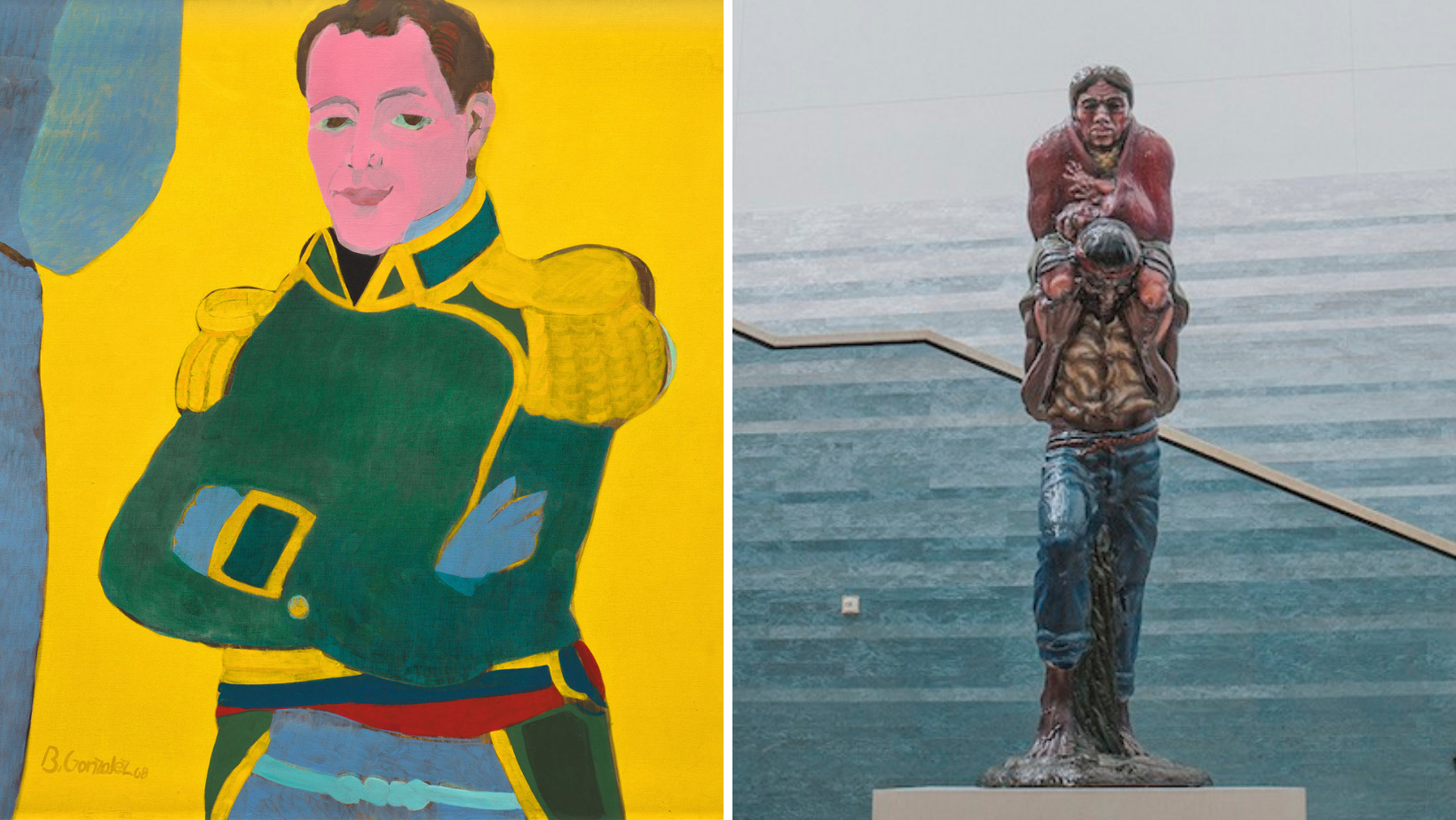 A grid of two artworks. The first is a soldier wearing military clothes, standing in front of a bright yellow background. The second is a sculpture of a man carrying a woman and child on his shoulders.