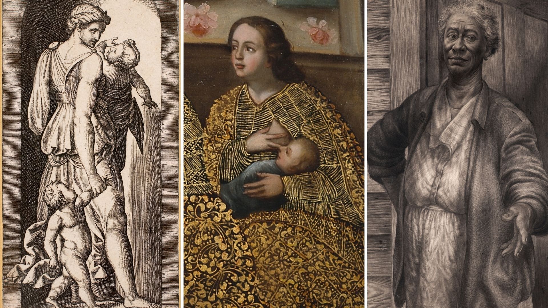 Three artworks side by side, the the first is a woman in Roman attire holding two babies, the second is a woman nursing a baby, and the third is a woman with an outstretched arm