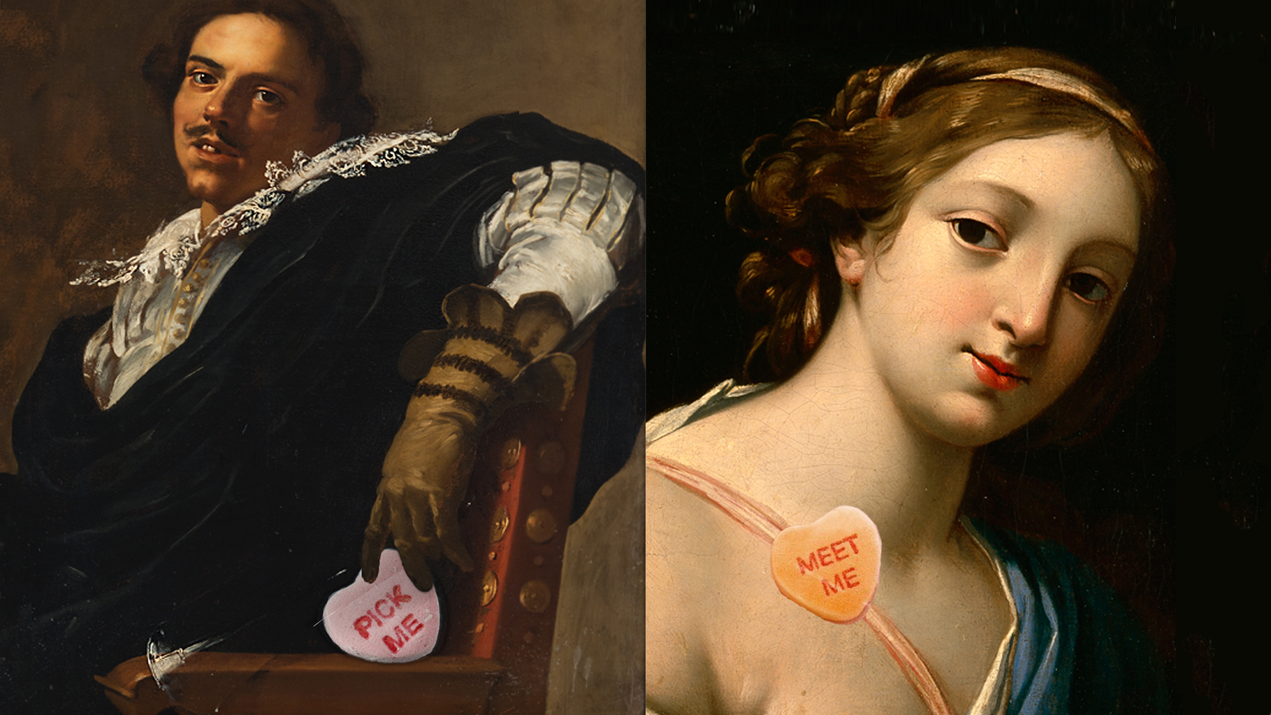 Grid of two paintings, one man on a chair and another of a woman's portrait with sweethearts candies
