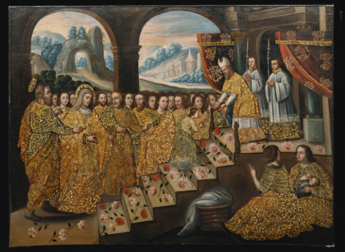 a large crowd dressed in gold embellished clothing gather around an altar where a priest-like figure and two altar boys stand. a smaller female figure climbs rose covered stairs to meet the priest whose arms are outstretched.