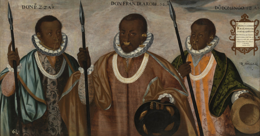 oil on canvas portrait of Don Francisco de Arobe and his sons Don Pedro and Don Domingo, Quito from Ecuador. They wear traditional facial piercings and European robes and hats. They hold staffs.
