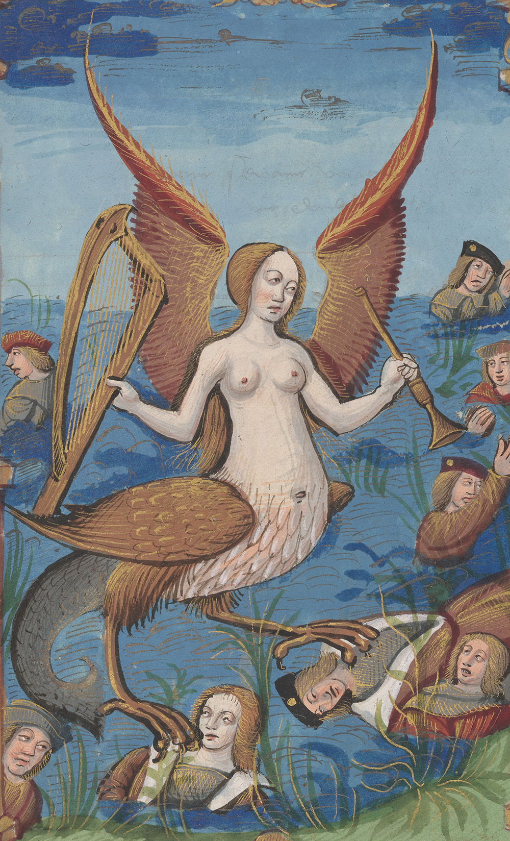 Image of Siren from 1510. A half-woman half bird monster attacks men drowning in a lake. She hold a harp and trumpet instrument.