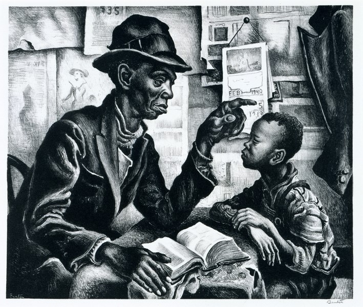 Artwork of an older man talking to a young boy at a table. The older man has his hand on a open book that is on the table.